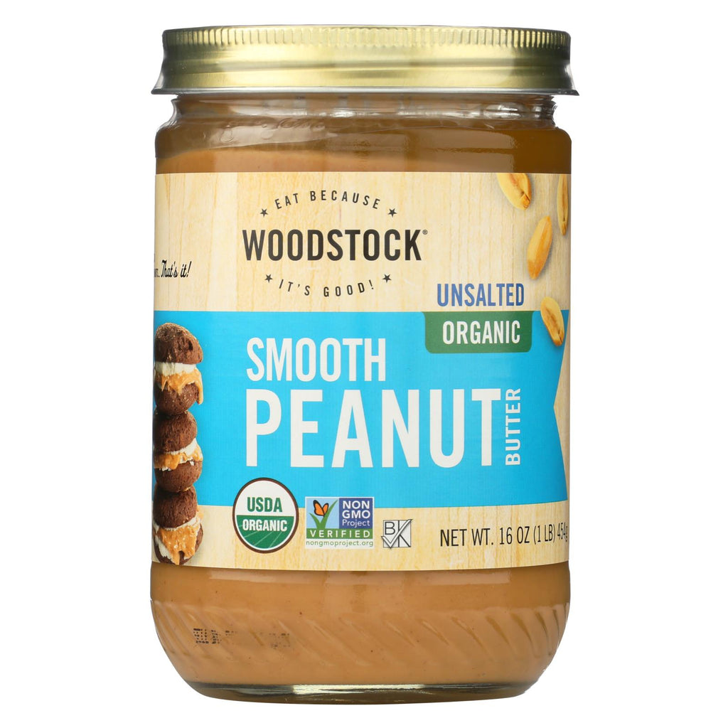 Woodstock Organic Peanut Butter - Smooth - Unsalted - Case Of 12 - 16 Oz.