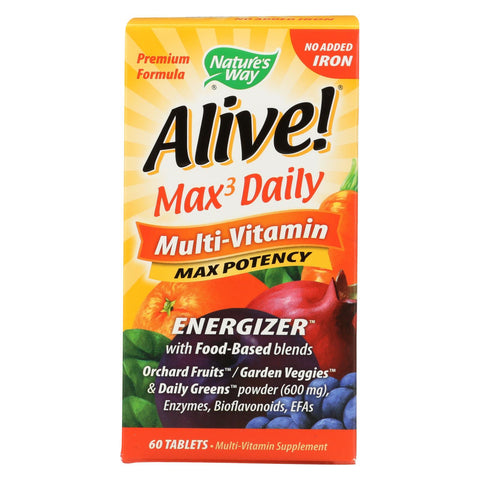 Nature's Way - Alive! Max3 Daily Multi-vitamin - Max Potency - No Iron Added - 60 Tablets