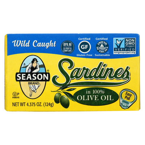 Season Brand Sardines In Pure Olive Oil - Salt Added - Case Of 12 - 4.375 Oz.