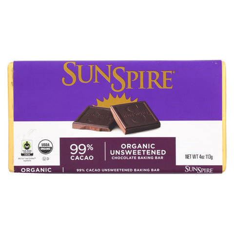 Sunspire Foods Baking Bar - Organic - Fair Trade - 100 Percent Cocoa - 4 Oz Bars - Case Of 12