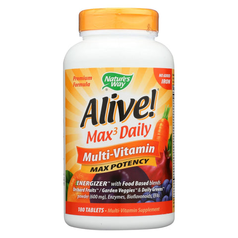 Nature's Way - Alive! Max3 Daily Multi-vitamin - Max Potency - No Iron Added - 180 Tablets