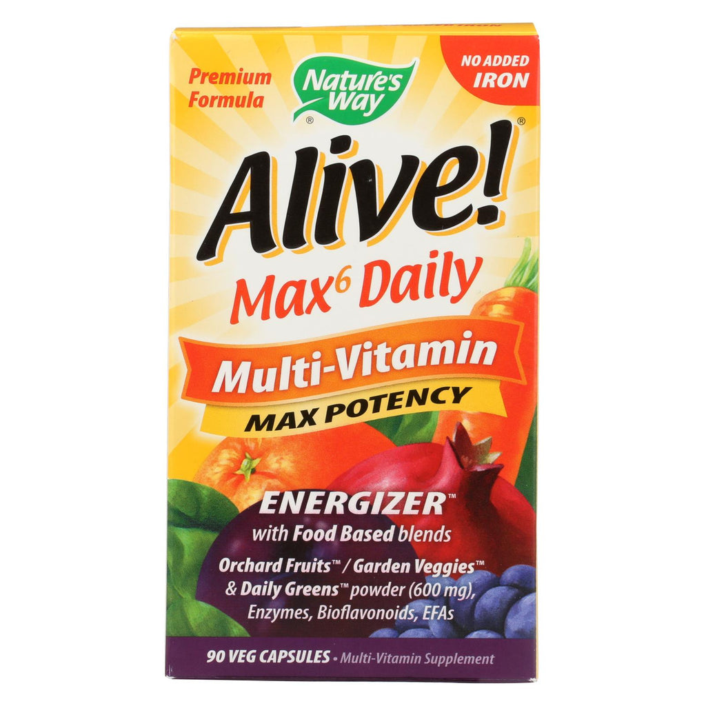 Nature's Way - Alive! Max6 Daily Multi-vitamin - Max Potency - No Iron Added - 90 Veg Capsules