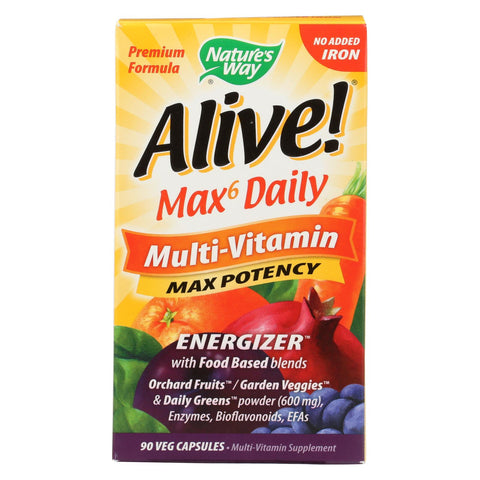 Nature's Way - Alive! Max6 Daily Multi-vitamin - Max Potency - No Iron Added - 90 Veg Capsules