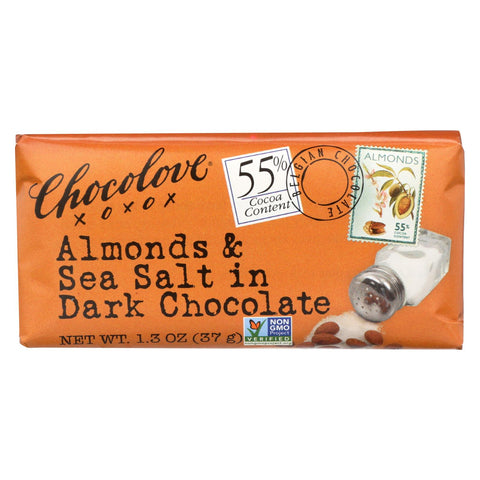 Chocolove Xoxox - Premium Chocolate Bar - Dark Chocolate - Almonds And Sea Salt - Mini 1.3 Oz Bars - Case Of 12