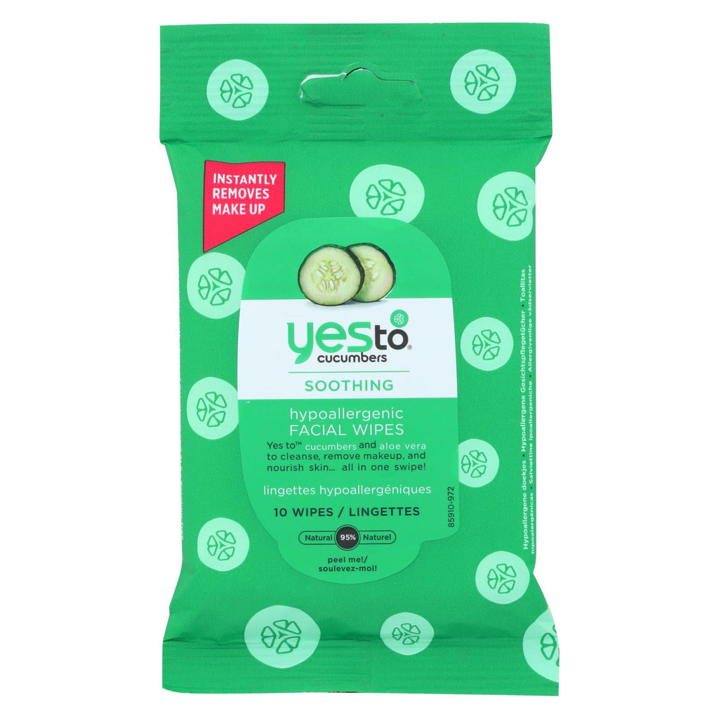 Yes To Cucumbers Facial Towelettes - Soothing - Hypoallergenic - Travel Size - 10 Count - Case Of 8