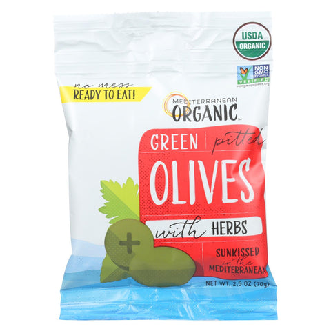 Mediterranean Organic Olives - Organic - Green - Pitted - With Herbs - Snack Pack - 2.5 Oz - Case Of 12