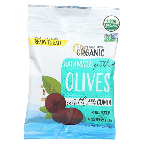 Mediterranean Organic Olives - Organic - Kalamata - Pitted - With Cumin - Snack Pack - 2.5 Oz - Case Of 12