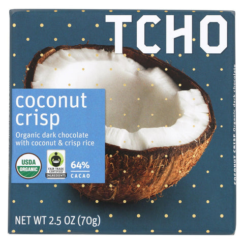 Tcho Chocolate Dark Chocolate Bar - Coconut Crisp 64 Percent Cacao - Case Of 12 - 2.5 Oz.